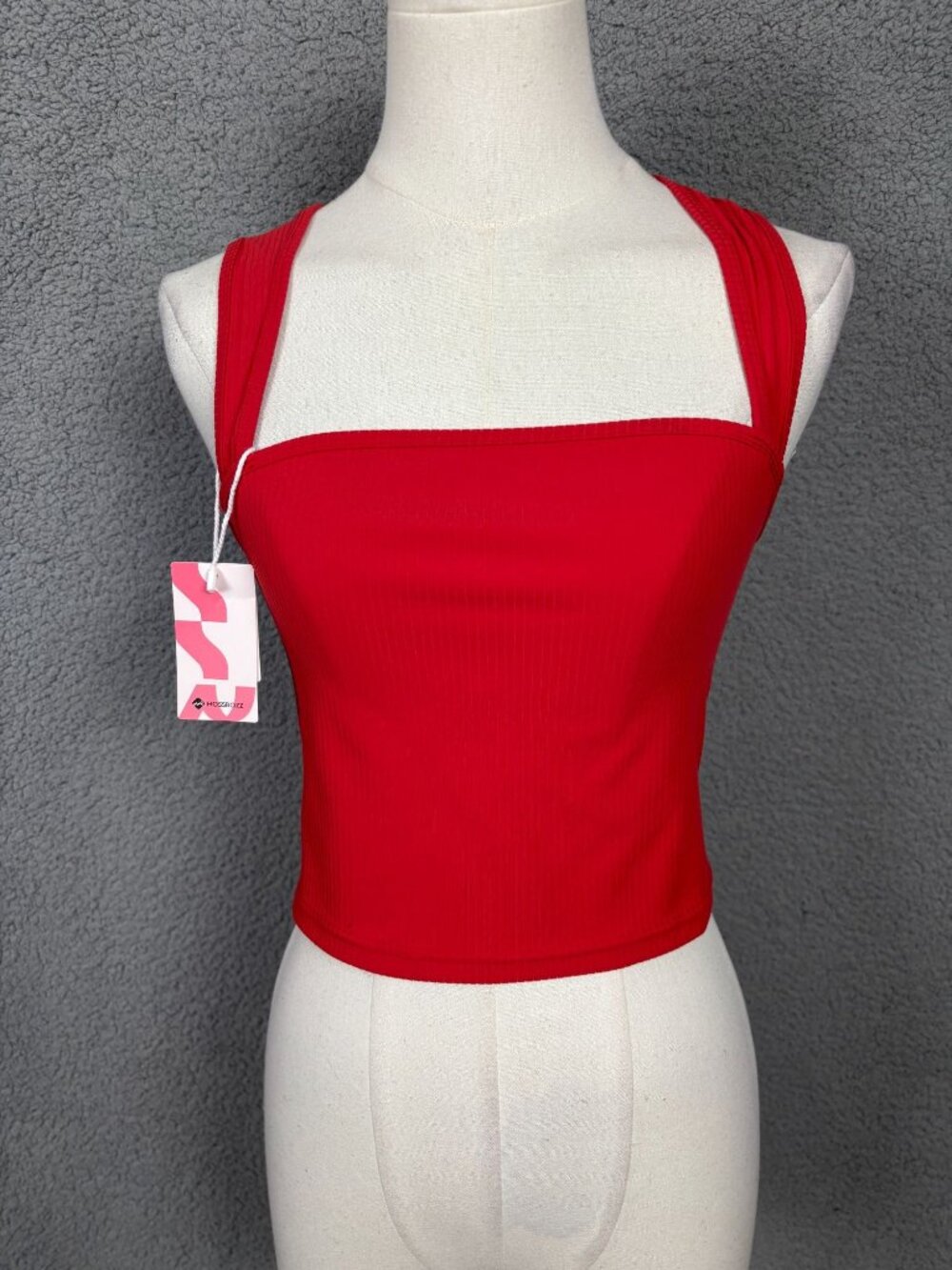 Mossrozz Women's Red Ribbed Crop Tank Top XS Stretchy Sleeveless Square Neck NWT